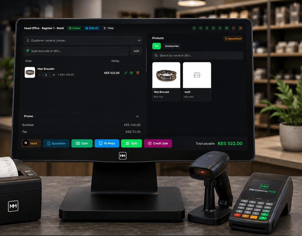 POS hardware on a retail counter — monitor running the MerchMind register, receipt printer, barcode scanner, and card payment terminal